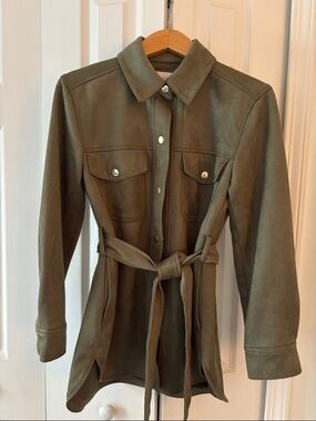 LOFT Olive Green Suede Utility Jacket with Waist Tie
